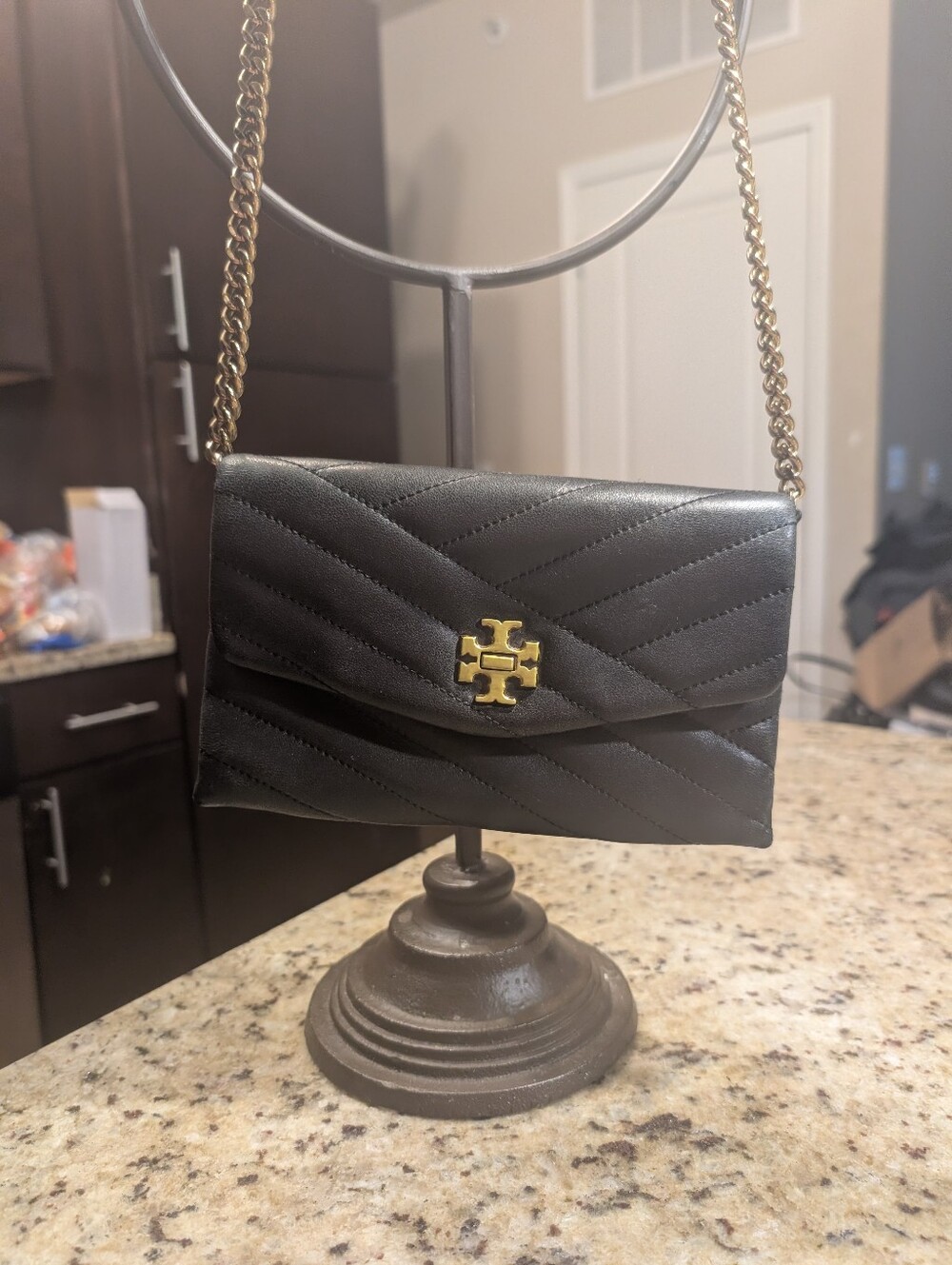 Tory Burch Kira Chevron Black Leather Chain Wallet Mini Bag